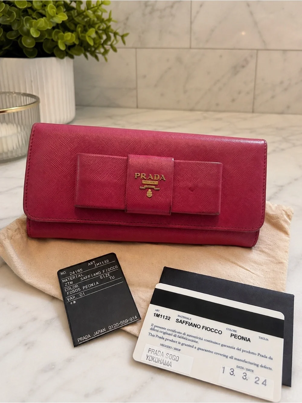 Prada Peonia Saffiano Bow-Accent Leather Wallet - Peony Pink